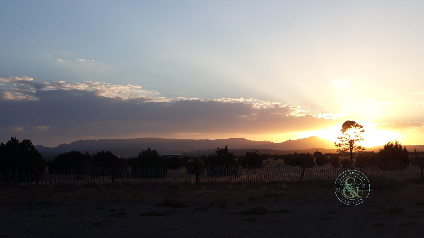 Image: Sunrise behind cottonwood tree, with clouds along the horizon line and dark foreground inspiring calm and serenity. TH&P logo under the tree.